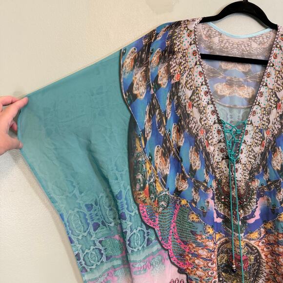 Kaftan Cover Up Swimwear Dress Womens OS Blue Lace Up Boho Beach Rhinestones - Picture 3 of 7